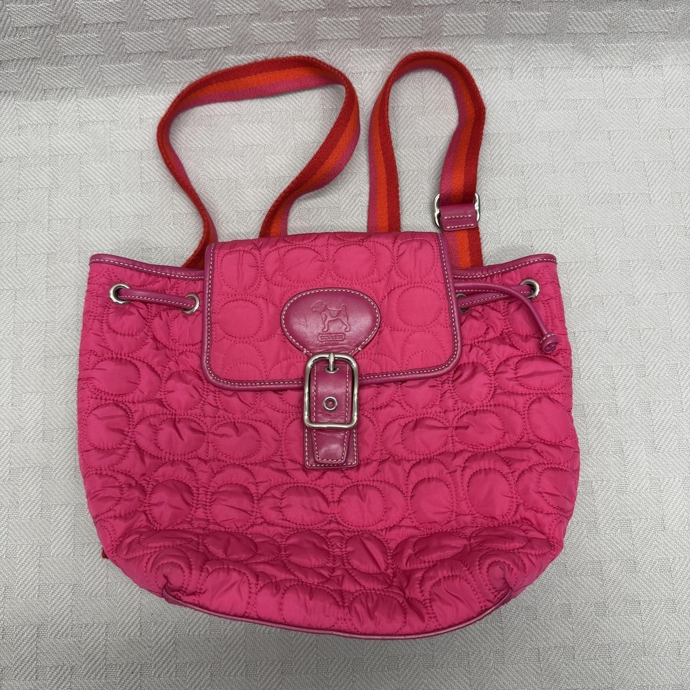 Coach Backpack Womens Medium Pink Nylon Leather Suede Drawstring Logo Straps